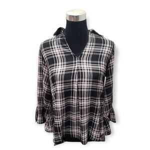 Lynn Ryan Black Plaid High Low Adjustable Wrist Long Sleeved Shirt